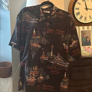 Men's Black Aloha Boat Parade themed Aloha shirt, size large